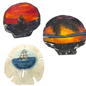 Vintage Hand Painted Seashell Art Nautical Sunset Ship Set of 3